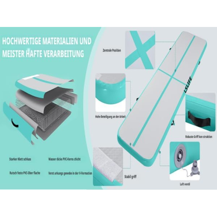 Air Track 6м для гімнастики та йоги з електричним насосом, килимок для тренувань 600x100x10см, зелений, водовідштовхувальний