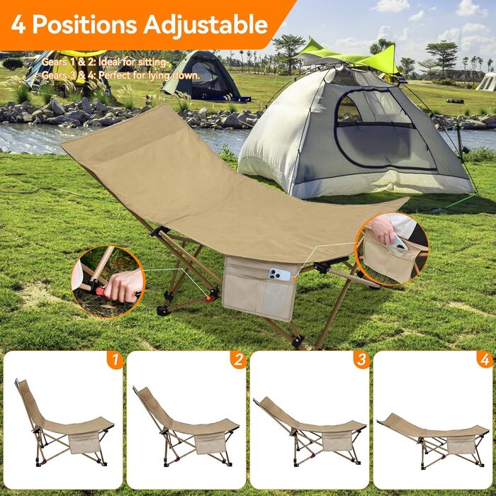 Зручний складаний стілець для кемпінгу та відпочинку на природі (150 кг), легкий, з регулюванням кута нахилу, з сумкою, хакі