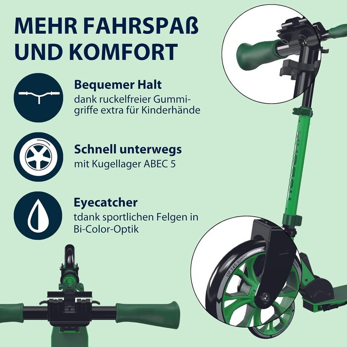 Дитячий самокат Hudora Scooter Up 145 Junior - безпечний та якісний самокат для дітей від 3 років. Регульована висота, складна конструкція, колеса 145 мм (зелений/трав'яний)