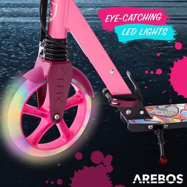 Самокат AREBOS із LED-підсвіткою, складаний, висота регулюється, з ременем для перенесення, ручне та ножне гальмо, для дітей і дорослих, навантаження до 100 кг
