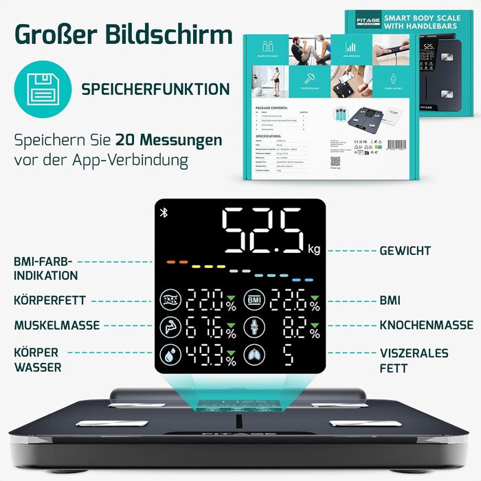 Цифрова вага-аналізатор тіла Testsieger 2025, вага до 225 кг, вимірювання жиру та м'язової маси (17 показників), аналіз тіла через додаток, великий LED-дисплей, білий колір (з ручкою)