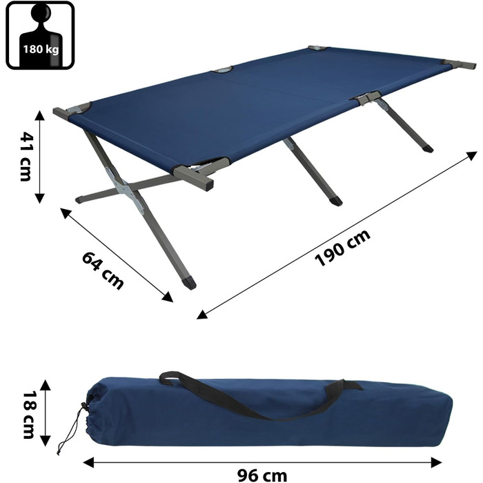 BB Sport Розкладне ліжко для кемпінгу, 190 x 64 x 41 см, сталевий каркас, 180 кг, з сумкою, блакитне