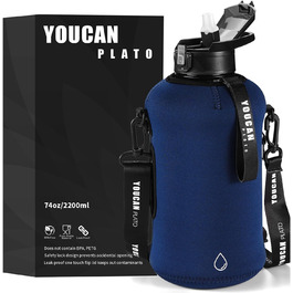 Youcan Plato пляшка для води 2 л з трубочкою і чохлом, спортивна пляшка для води 2 літри, фітнес-глечик, BPA Free, підходить для газованої води, темно-синя