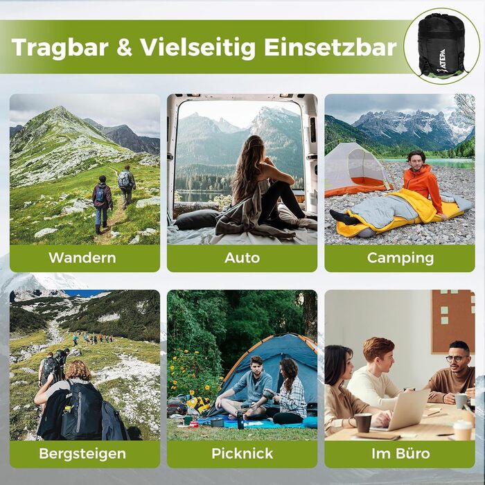 Спальний мішок ATEPA Ultraleicht Daunenschlafsack: Легкий, компактний, 3-сезонний (12°C/6°C/-1°C), водонепроникний, для кемпінгу, походів, трекінгу та рюкзакових подорожей, з компресійним мішком ThermaCore, чорний