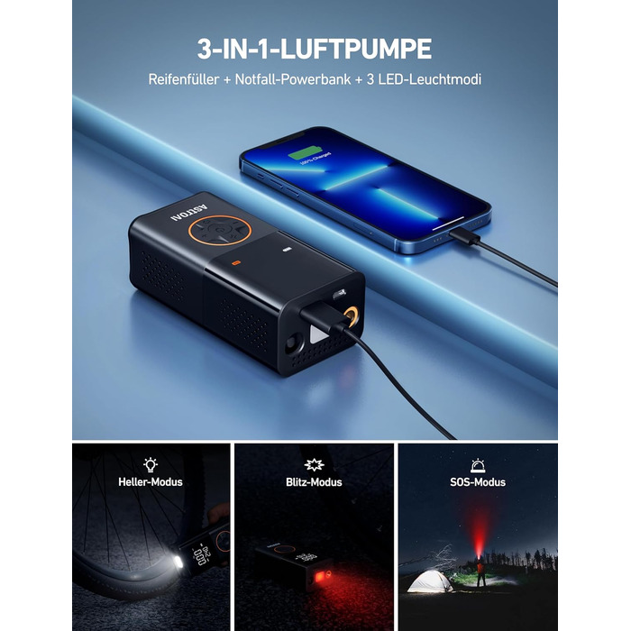 AstroAI Бездротова електрична повітряна помпа, портативна акумуляторна помпа для велосипеда з LED-ліхтариком, для велосипеда, електробіка, авто, мотоцикла, м'ячів (чорний)