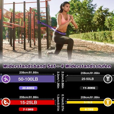 Еластичні гумки для фітнесу, стрічки опору 5-100LB, для силових тренувань, пілатесу, фізіотерапії, йоги, допомога при підтягуванні, для чоловіків та жінок (4 шт.) чорний+червоний+жовтий+фіолетовий