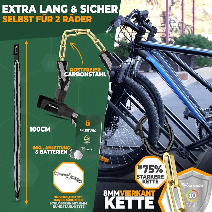 Замок для велосипеда MIVELO Kettenschloss: висока безпека, 100 см, сталь 8 мм, з ключем та LED-ліхтариком | Захист для E-bike, MTB, шосе