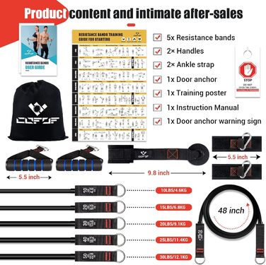 Набір еластичних стрічок для фітнесу, 5 шт. (150lbs), з ручками та кріпленням для дверей, для пілатесу та силових тренувань, чорний
