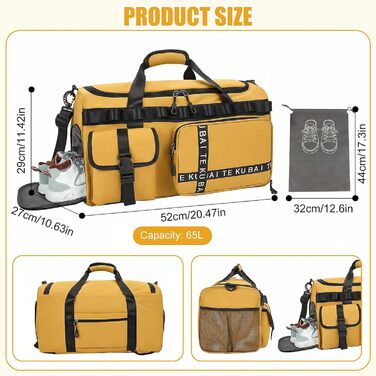 Спортивна сумка для подорожей 65Л з відділенням для взуття та вологих речей, велика сумка для залу, плавання та поїздок (Жовта)