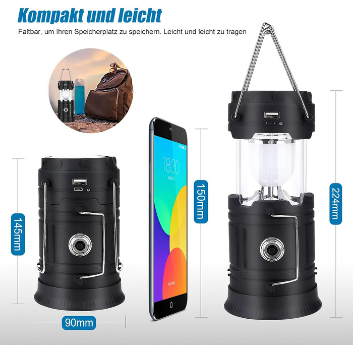 Сонячна кемпінгова лампа EXTRASTAR: LED ліхтар 5W, 2-в-1 (ліхтар + ліхтар для намету), USB/Сонячна/Акумуляторна, водонепроникна, для відпочинку на природі, риболовлі, кемпінгу та походів