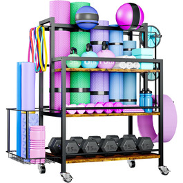 Стійка для зберігання обладнання для дому EasyCom: гантелі, гирі, ролик для пресу, килимок, стрічка, еластичні стрічки. З гачками та колесами, чорний колір