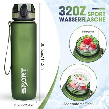 Спортивна пляшка для води 1л, витокозахисна, без BPA, з мітками об'єму, зелена