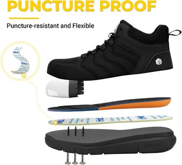 Черевики безпеки FitVille для чоловіків, X-широкі, з металевим носком, легкі, дихаючі, антипрокольні, протиковзкі, чорні, 47 EU