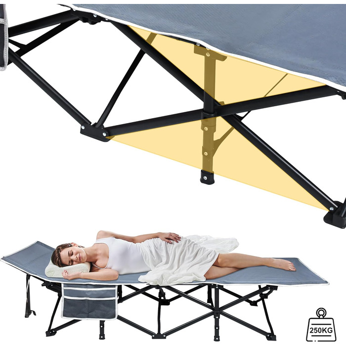 Розкладне ліжко для кемпінгу FIVMEN з сумкою для зберігання - 190x62x38 см, до 250 кг, для відпочинку на природі, в саду, у подорожах