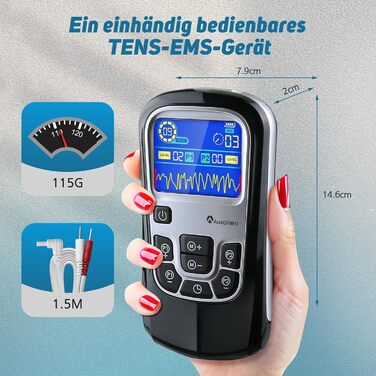 Пристрій TENS для терапії болю, EMS, 2 канали, 25 режимів, 50 рівнів інтенсивності, 10 електродів (чорний)