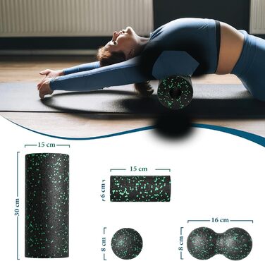 Набір для міофасціального релаксу: Foam Roller, м'ячик для фасції, міні-ролик, дуобол для йоги та масажу м'язів (Синій/Зелений)