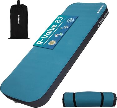 Килимок для кемпінгу Fundango самонадувний, 9.5 R-значення, піна-пам'ять, 10 см товщина, 3D посилені боковини, м'яка оксамитова поверхня, для намету, подорожей на авто (одинарний та подвійний розмір)