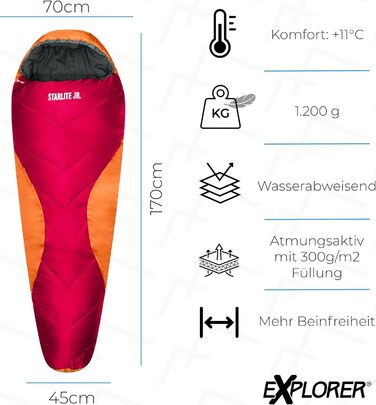 Сплячий мішок Explorer Starlite Junior для дітей, -6°C +11°C, 175x70x45 см, 300GSM, з капюшоном, YKK, ковдраний