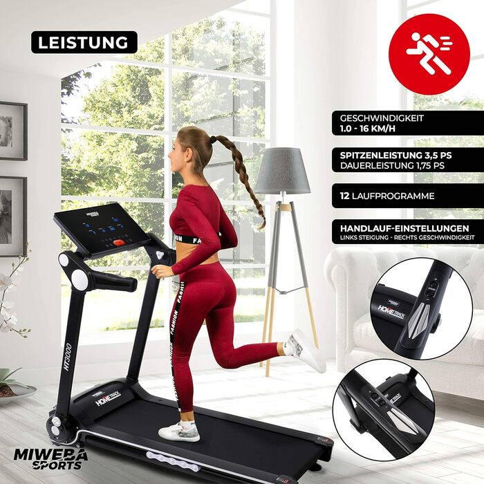 Електрична бігова доріжка Miweba Sports HT3000, 3,5 к.с., 16 км/год, нахил до 15%, навантаження 120 кг, з додатком, складана, велика бігова поверхня, 12 програм, для дому