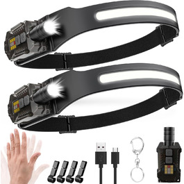 LED налобний ліхтар з перезарядкою, 2000 люменів, 230° кут огляду, регульована головка, сенсор, 9 режимів освітлення з UV лампою, знімний магнітний, легкий, для кемпінгу, бігу, походів, риболовлі, 2 шт.
