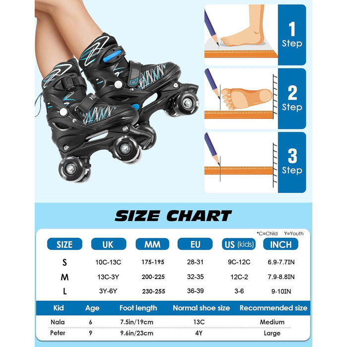 Ролики дитячі ролики для дівчаток та хлопчиків, 4 розміри, регульовані, для початківців, зручні, дихаючі, ролики для дітей, подарунок на Різдво та день народження, Roa-Violette (S, Blue-Black)