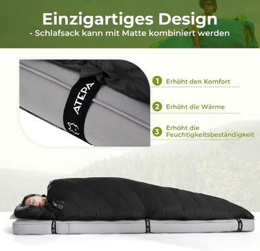 Спальний мішок ATEPA Ultraleicht Daune 650/700FP, 3-сезонний (12°C / 6°C / -1°C), легкий та компактний, водовідштовхувальний, для кемпінгу, походів, трекінгу та рюкзакових подорожей, з компресійним мішком. Комфортна температура 12°C, межа допустимої темпе