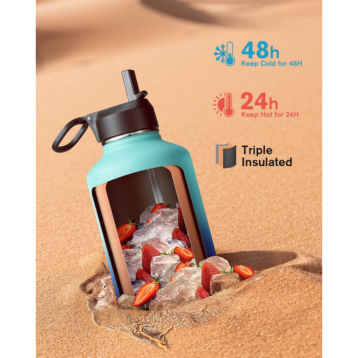 Ізольована пляшка для води Coolflask 2L з трубочкою та 3 кришками, з нержавіючої сталі, для спорту та офісу, подвійне вакуумне покриття, без витоку