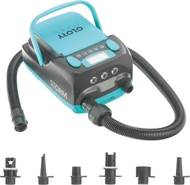 GLORY BOARDS® Storm - електричний насос для SUP з акумулятором, 20 PSI, 4 дошки, LED-ліхтар, USB-зарядка, 6 адаптерів