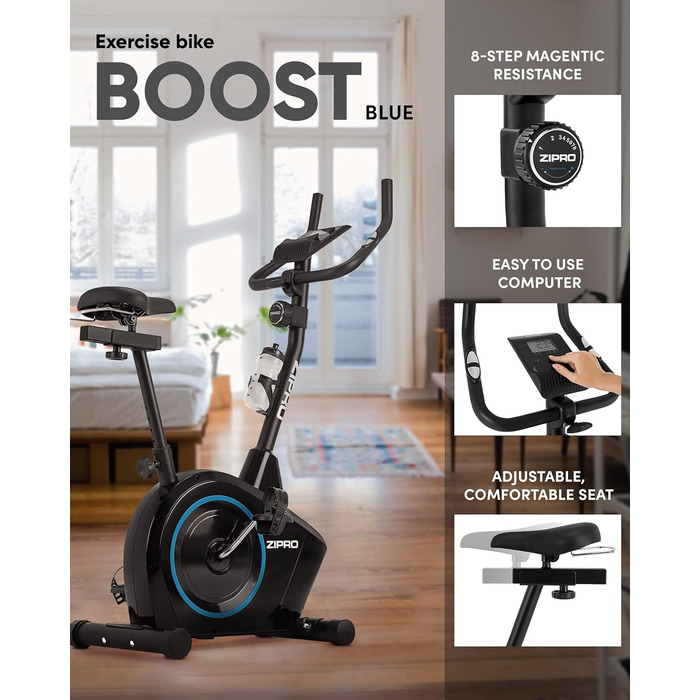 Велотренажер Zipro Boost, магнітний ергометр для дому, до 120 кг, батарейковий, фітнес-велосипед для тренувань у приміщенні