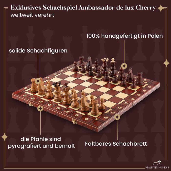 Ексклюзивний дерев'яний шаховий набір AMBASSADOR DE LUXE CHERRY 54 см, ручна робота, преміум-якість, класична гра