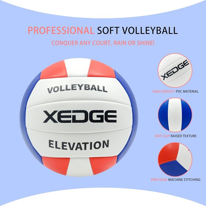 Волейбольний м'яч XEDGE, розмір 5, офіційний для гри в приміщенні та на вулиці, тренування, пляж, трава (синій, білий, червоний)