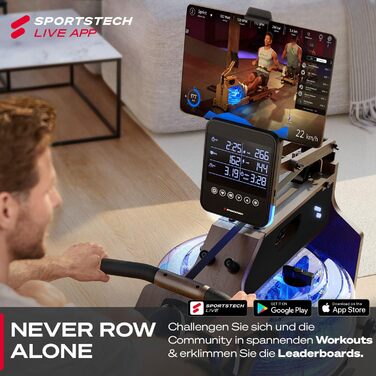 Sportstech WRX1000: Гребний тренажер з водяним опором для дому. Масивне дерево, LED-дисплей, підтримка додатків та планшета. Німецька якість.