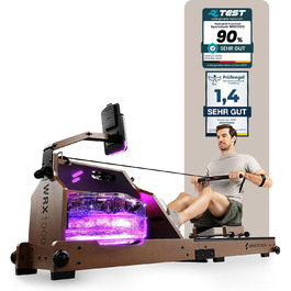 Sportstech WRX1000: Гребний тренажер з водяним опором для дому. Масивне дерево, LED-дисплей, підтримка додатків та планшета. Німецька якість.