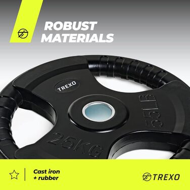 Диск для штанги TREXO з ручками, чавунний, 25 кг, для фітнесу, кросфіту, силових тренувань, ергономічний, довговічний