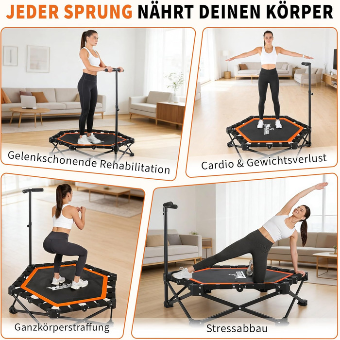 Складаний фітнес-батут для дому з регульованою ручкою, навантаження до 150 кг, діаметр 86.5 см, помаранчевий — для дорослих та дітей