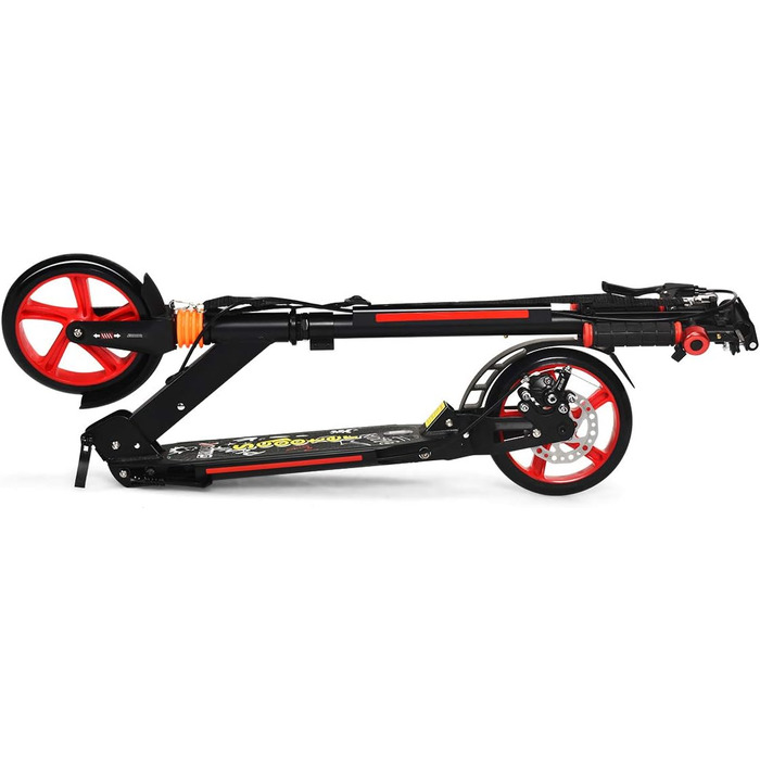 Самокат трюковий GYMAX, регульована висота, складний, з колесами 200 мм, подвійна підвіска, дзвінок та ремінь, до 100 кг, для дітей та дорослих (чорний)