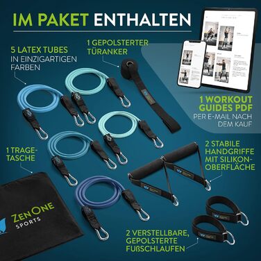 Набір еластичних стрічок для фітнесу ZenOne Sports® - 5 рівнів опору | Стрічки для силових тренувань вдома та в подорожах | Стрічки для фітнесу, гумові стрічки, спортивні стрічки (блакитний)