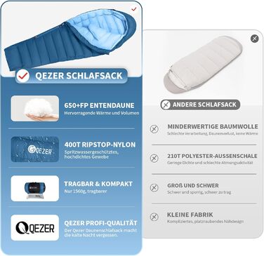 Спальний мішок Daunenschlafsack: теплий зимовий спальник з гусячим пухом 650 fill power, RDS-сертифікований. Діапазон температур: від 8°C до -30°C. Ідеально підходить для кемпінгу та альпінізму. Чорний (-10°C), Синій (-3°C)