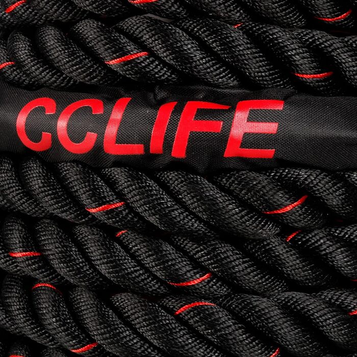 Батл-канат CCLIFE 9/12/15 м, Ø38 мм, для фітнесу та кросфіту, з кріпленням, чорний-червоний, тренувальний канат для спортзалу, розвитку м’язів