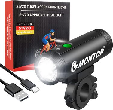 Набір світлодіодних ліхтарів для велосипеда MONTOP LITE-400 з USB-акумулятором, передня фара та задній ліхтар (StVZO), для дітей та дорослих