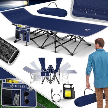 Кемпінгове ліжко KESSER® розкладне, металеве, 210 см, Navy Blue (темно-синій) з сумкою та ліхтарем