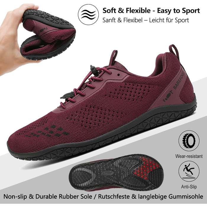 Босижні кросівки Geweo для жінок та чоловіків: зручні, широка передня частина, легкі, для фітнесу, кросфіту, силових тренувань, без підйому, для хайкінгу, унісекс, 37-47EU, бордовий, 45 EU, широкі