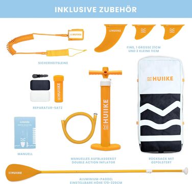 Надувний SUP-борд HUIIKE Stand Up Paddle Board з аксесуарами: весло, фіни, насос. Стабільний та міцний SUP-борд 305x84x15 см, до 130 кг. Enjoyer Black - Essential