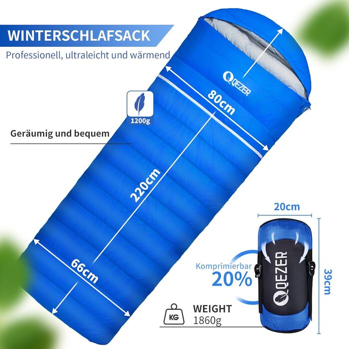 Сплячий мішок пуховий, 4-сезонний, зимовий -3°C до -20°C. Підходить для кемпінгу, походів та відпочинку на природі для дорослих та дітей. Чорний та блакитний кольори.