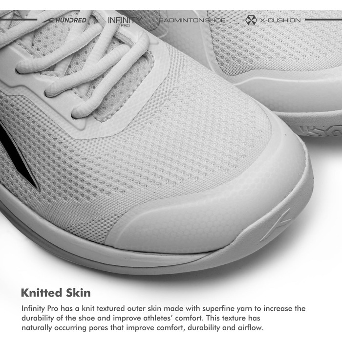Бадмінтонне взуття HUNDRED Infinity Pro - професійне, не залишає слідів | Чоловіче | Матеріал: поліестер/сітка | Підходить для бадмінтону, тенісу, сквошу, настільного тенісу, баскетболу та падел-тенісу (Білий/Чорний, 44 EU)