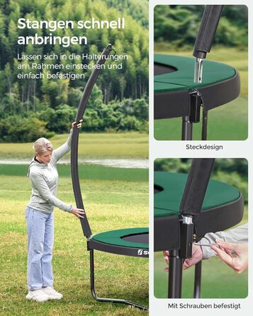 Батут SONGMICS Outdoor Ø 244/305/366/427 см, круглий, для саду, з сіткою безпеки, захисним бордюром, сходами та м'якими стійками, 366 см, чорний + темно-зелений