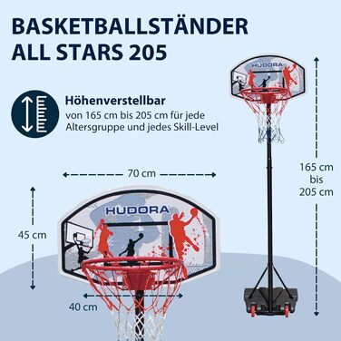 Баскетбольний кошик HUDORA All Stars 205, регульований, з підставкою для дітей і підлітків, мобільний вуличний баскетбольний кошик на колесах для саду
