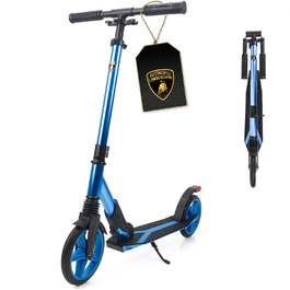 Скутер Lamborghini Tretroller Cityroller з великим колесом, складаний, регульована висота, для дорослих та дітей, з підставкою, передньою амортизацією та гальмом на задньому колесі, синій, до 100 кг