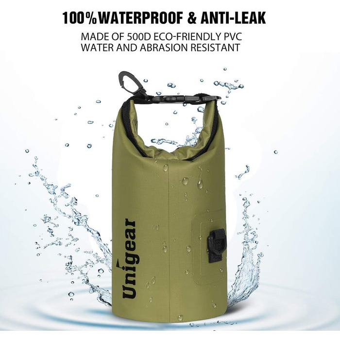 Водонепроникний мішок Unigear Dry Bag 2L/5L/10L/20L/30L/40L – рюкзак, сумка для каяку, риболовлі, кемпінгу, пляжу (армійний зелений)