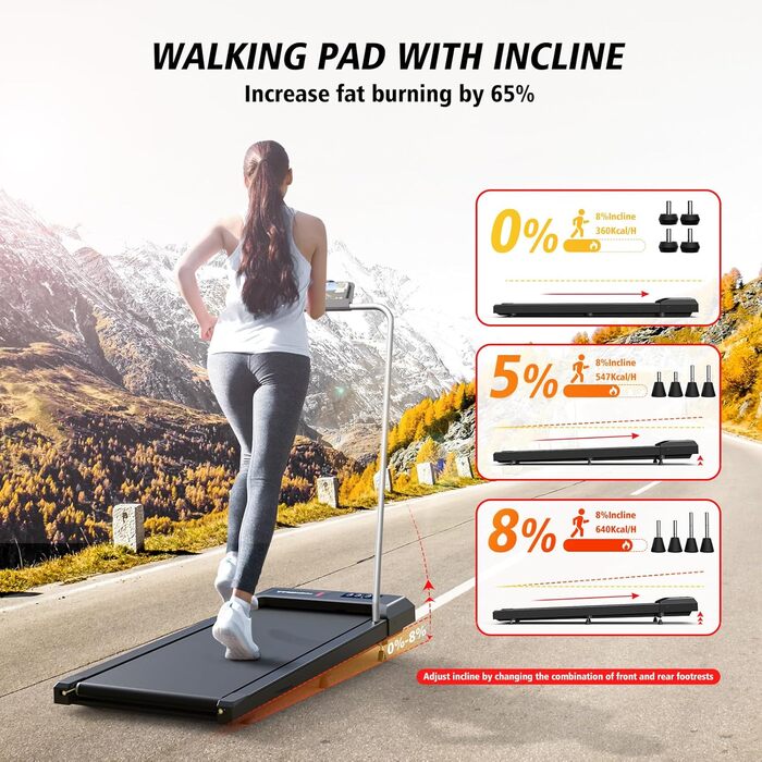 Walking Pad Treadmill Cardirun з нахилом та ручками: компактний біговий тренажер 2-в-1 для дому, 2.5HP, до 136 кг, LED-дисплей, керування через додаток/пульт, чорний з підлокітниками